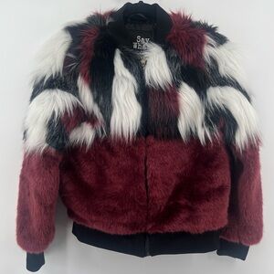 NWT Say What? Faux Fur Full Zip Jacket Black, White, Maroon Women’s Size XS